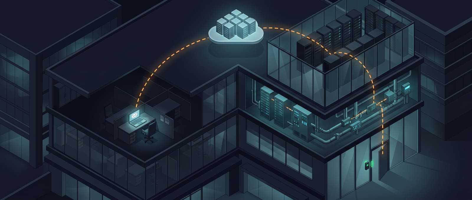 Cutaway of a corporate facility at night: an amber path runs from a phished laptop up to the cloud platform, down through the server room and building systems, and ends at a door standing open with its badge reader glowing green