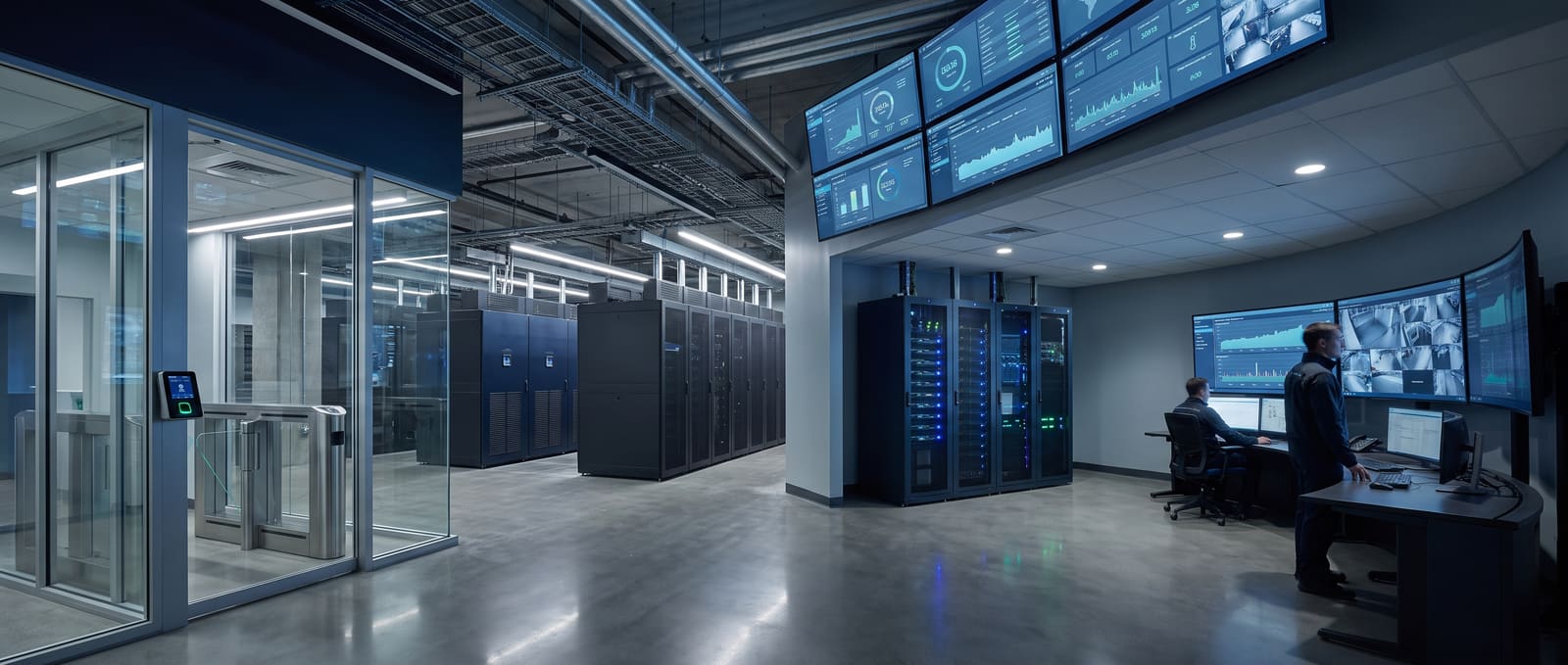 A secure data hall, access-control portal, and operational monitoring sharing one integrated enterprise environment