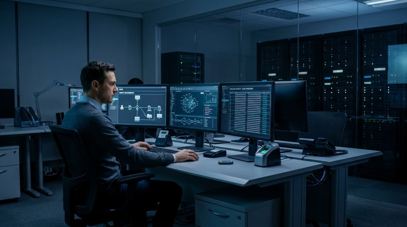 Security analyst reviewing access relationships and authentication activity across enterprise systems