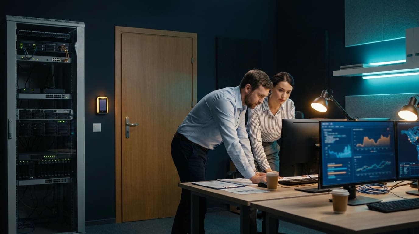 Two professionals reviewing priorities in a compact enterprise operations room