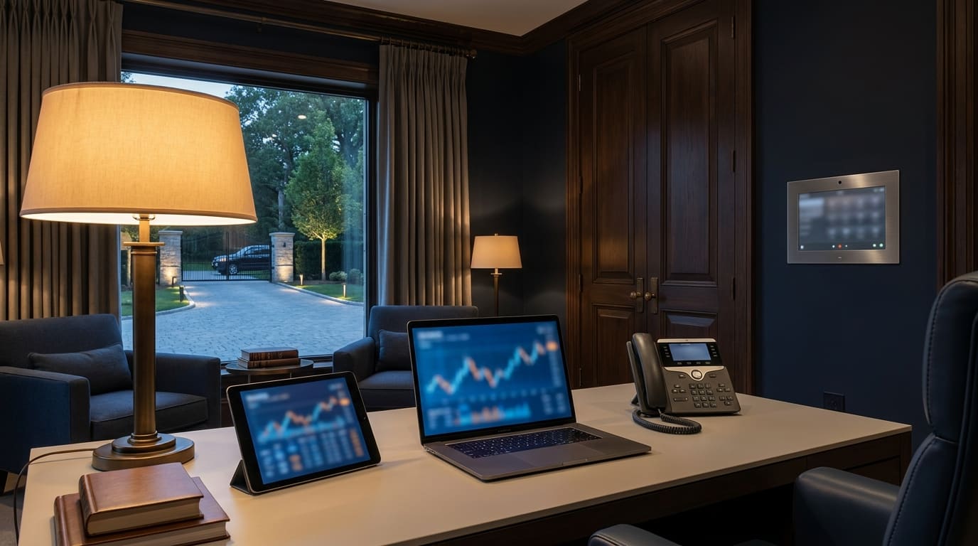 A family-office study with secure communications devices and smart-building controls at hand