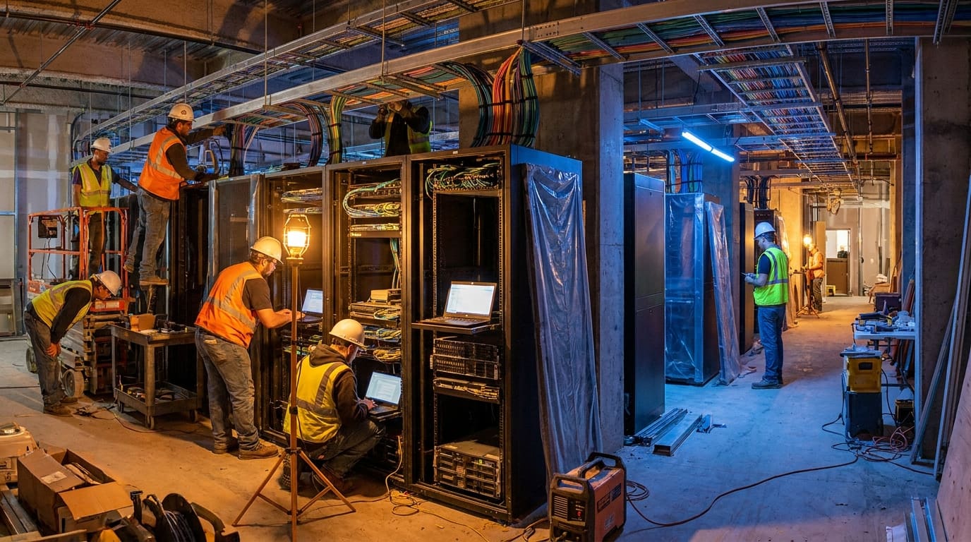 Engineers commissioning racks and overhead cabling in a data hall under construction